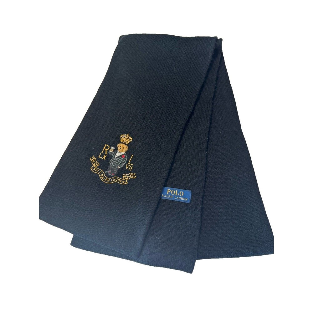 Polo Ralph Lauren Wool Cashmere Knit Scarf Polo Bear Tuxedo Martini Glass Black